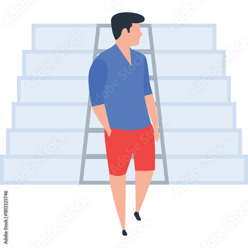 Man in Blue V Neck Shirt and Red Shorts Walking Down Light Blue Steps Indoors Studio Shot