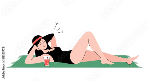 Relaxing summer vibes with a woman sunbathing on a beach towel enjoying a refreshing drink, ideal for travel ads or vacation promotions this season
