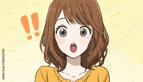 밝은 노란색 배경 앞에서 눈을 크게 뜨고 입을 벌린 채 놀라움을 표현하는 젊은 여성의 매력적인 애니메이션 스타일 벡터 일러스트레이션으로, 강렬한 감정을 효과적으로 전달합니다.