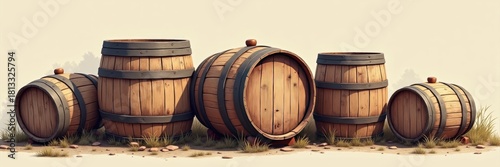 Wooden barrels of various sizes rest side by side on a patch of dirt and grass, showcasing their aged, rustic appearance, with warm tones against a neutral backdrop that conveys a sense of age and...