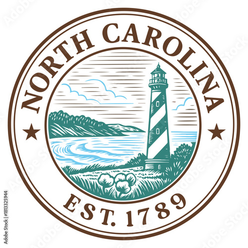 North Carolina state Round Stamp illustration, 50 United States Stamps Clipart, North Carolina US state Vintage Travel shirt, State Badge design

