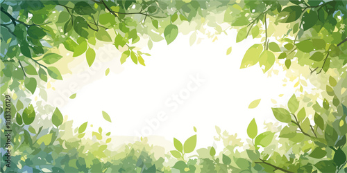 싱그러운 녹색 잎사귀들이 햇살 가득한 중앙 공간을 감싸는 아름다운 벡터 배경으로, 자연의 생명력과 평화로움을 표현합니다.