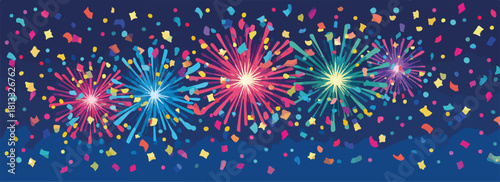 밤하늘을 화려하게 수놓는 다채로운 불꽃놀이와 축하를 알리는 색종이 조각들이 어우러진 생동감 넘치는 축제 분위기의 벡터 일러스트레이션.
