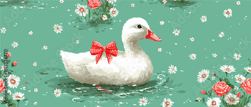 민트색 연못에서 빨간 리본을 맨 귀여운 흰 오리가 아름다운 꽃들 사이를 평화롭게 수영하는 사랑스러운 벡터 일러스트레이션입니다.