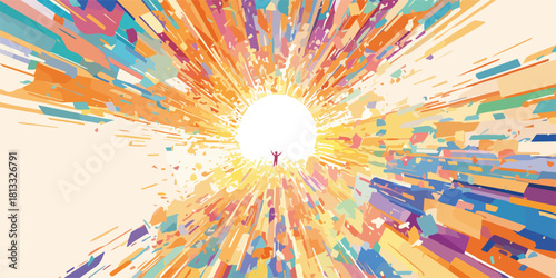 다채로운 빛과 추상적인 형태로 폭발하는 에너지 속에서 희망찬 미래를 향해 나아가는 사람의 역동적인 순간을 표현한 벡터 일러스트레이션입니다.