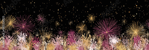 화려한 불꽃놀이와 반짝이는 별들이 어우러져 축제 분위기를 자아내는 환상적인 밤하늘 배경 벡터 일러스트레이션으로, 다양한 기념일과 행사 디자인에 활용하기 좋습니다.