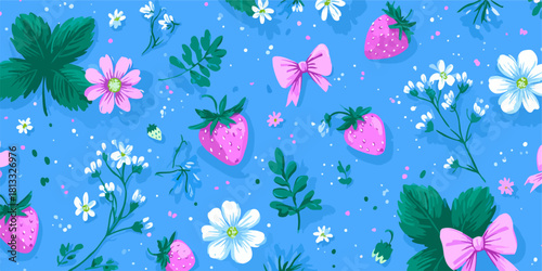 파란색 배경 위로 분홍색 딸기와 꽃, 녹색 잎사귀, 귀여운 리본이 조화롭게 펼쳐진 사랑스러운 봄 여름 패턴 디자인입니다.