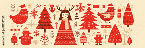 따뜻하고 포근한 분위기를 자아내는 스칸디나비아 민속 예술 스타일의 크리스마스 및 겨울 테마 벡터 일러스트레이션으로, 새, 순록, 눈사람, 장식용 나무 등 다채로운 요소들이 조화롭게 배치되어 있습니다.