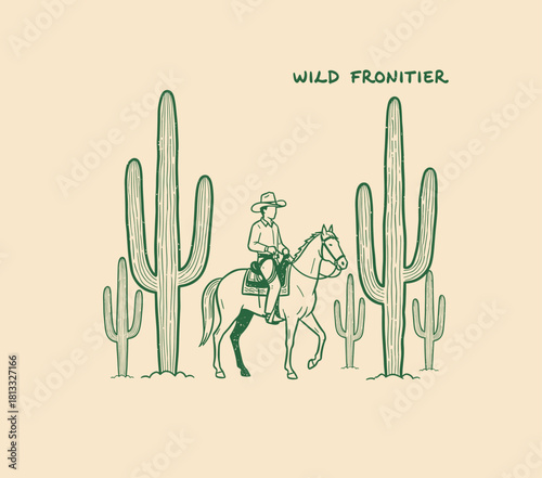 Wild Frontier Cowboy Ride.Western Horse Rider Design.Retro Cactus Desert Scene.Engraving Style Rodeo Art.Vintage Monochrome Icon