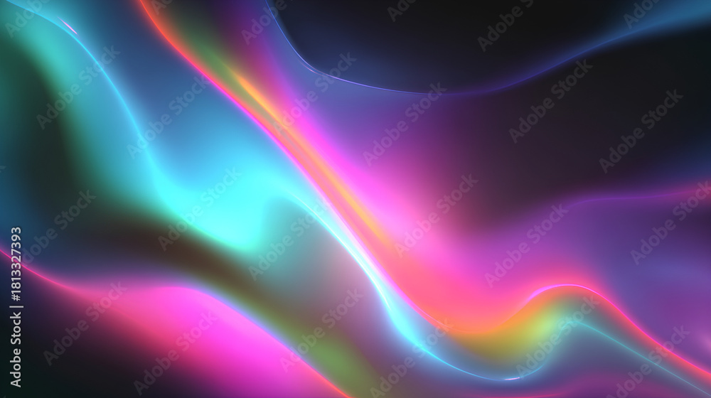 Fototapeta premium Irregular ripple distortion, soft glass texture effect, bright neon glow with smooth gradient flow. Vivid light refractions, futuristic aesthetic, subtle digital noise. Vector illustration