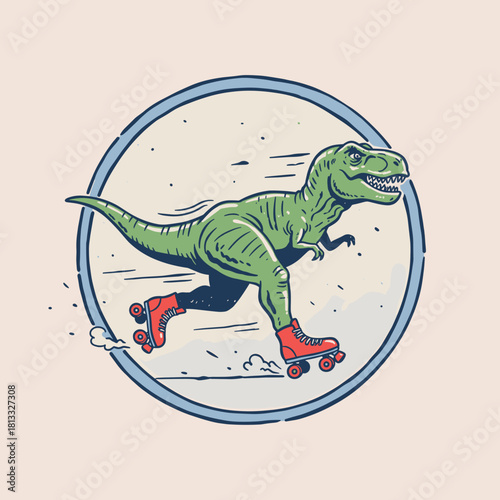 T Rex on Roller Skates Badge.Dinosaur Skating Retro Illustration.Funny Dino Character Design.Vintage T Rex Speed Skater.Cool Reptile Sport Logo