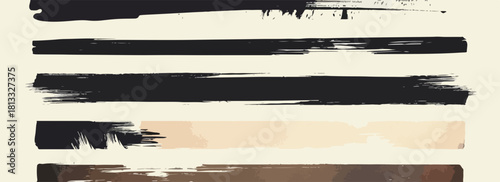 다양한 질감과 거친 가장자리를 가진 추상적인 검은색 및 갈색 브러시 스트로크 벡터 세트로, 디자인 요소로 활용하기 좋은 현대적인 그래픽 배경입니다.