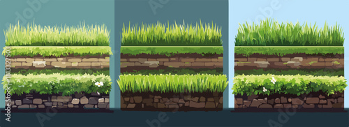 다양한 질감의 풀과 흙, 돌로 이루어진 지층 단면을 보여주는 벡터 일러스트레이션으로, 게임 배경이나 환경 디자인에 활용하기 좋습니다.