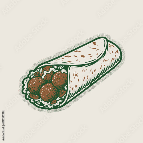 Retro Meatball Wrap Graphic.Vintage Style Street Food Burrito.Engraved Kebab Roll Illustration.Fast Food Snack Print Design.Deli Takeaway Menu Item