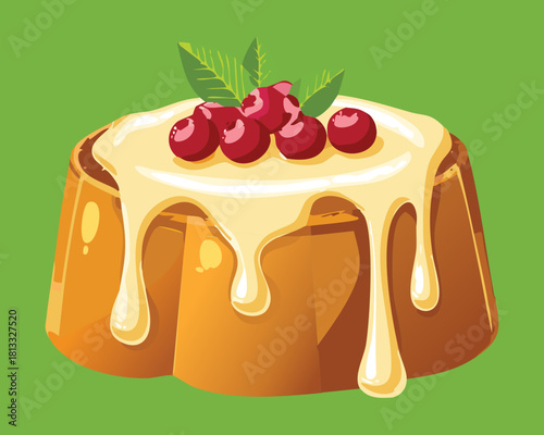 Classic Sweet Pudding or Flan Dessert Topped with Vanilla Sauce and Fresh Red Currants Creamy Holiday Treat - Vector Illustration