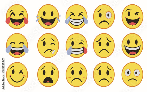 Diverse Emoji and Smiley Face Icon Set with Various ExpressionsPrint