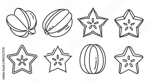 Set of eight star fruit slices isolated on white background in black outline