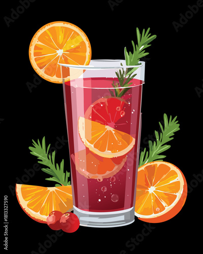 Festive Holiday Cocktail or Punch Drink with Cranberry, Orange, and Rosemary in a Tall Glass Refreshing Beverage - Vector Illustration
