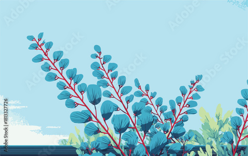 밝고 상쾌한 푸른 잎사귀와 붉은 줄기가 조화롭게 어우러진 평화로운 자연의 성장을 표현하는 현대적이고 추상적인 벡터 일러스트레이션 배경입니다.