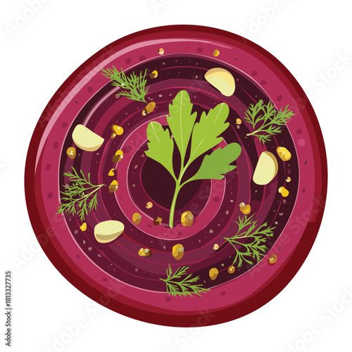 Vibrant Red Beet Slices Arranged in a Swirl Pattern with Garlic Cloves Herbs and White Sesame Seeds - Vector Illustration