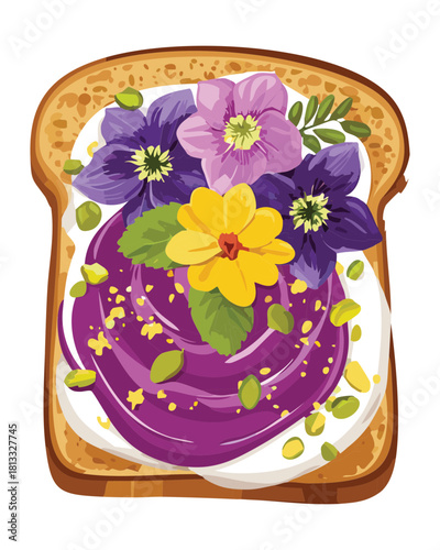 Savory Toast Spread with Light Cream Cheese Layered with Purple Onion Rings and Fresh Edible Pansy Flowers - Vector Illustration