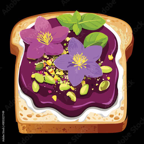 Gourmet Toast Topped with Dark Purple Fruit Jam Bright Green Pistachios and Intricate Edible Flower Arrangement - Vector Illustration