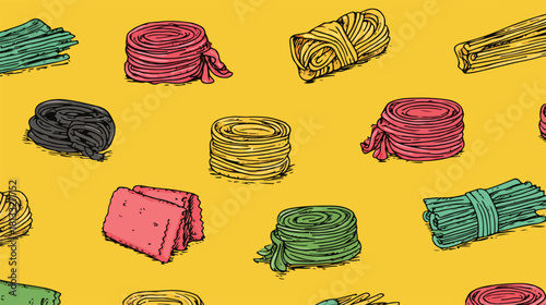 노란색 배경에 손으로 그린 다채로운 롤과 묶음이 반복되는 이음새 없는 빈티지 벡터 패턴 디자인입니다.