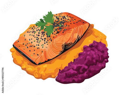 Exquisite seared salmon served with a vibrant purple mash, possibly sweet potato, garnished with fresh herbs and a sprinkle of spices - Vector Illustration