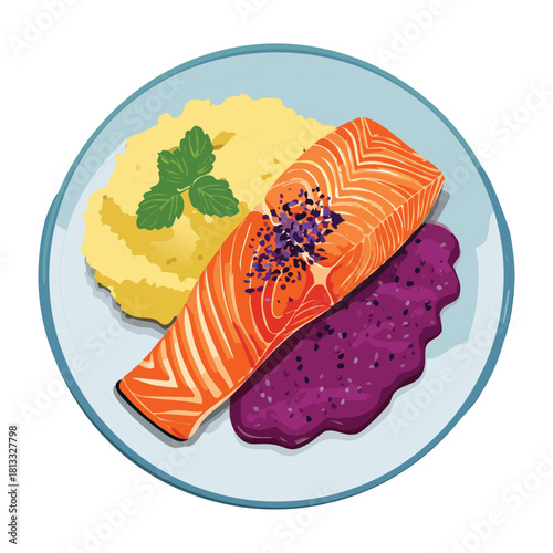 Gourmet salmon fillet presentation on a creamy mashed base of purple vegetables, highlighted with fresh herbs and a drizzle of oil - Vector Illustration