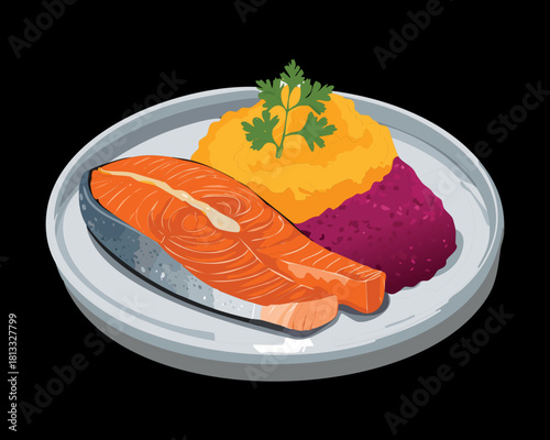 Hearty and colorful dish featuring a perfectly pan-seared salmon fillet resting atop a bright mash of purple sweet potato or yam - Vector Illustration