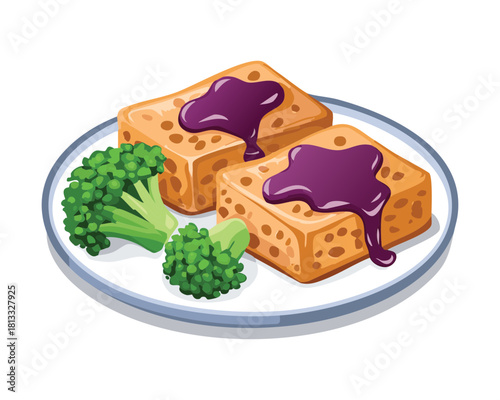 Stack of perfectly pan-fried square tofu pieces generously coated with a thick, sweet-and-sour purple glaze, alongside vibrant broccoli - Vector Illustration