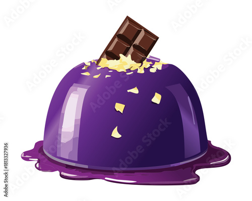 Rich, glossy purple-colored pudding crowned with a decadent dark chocolate bar piece, sitting in a pool of sweet syrup - Vector Illustration