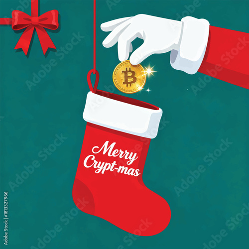 Santa Hand Dropping Bitcoin into Christmas Stocking
