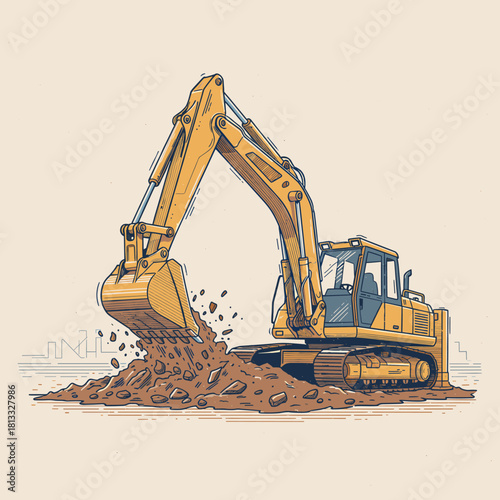 Yellow Excavator Digging Earth.Heavy Construction Machine Vector.Industrial Digger Illustration Art.Working Crawler Equipment.Engineering and Groundwo