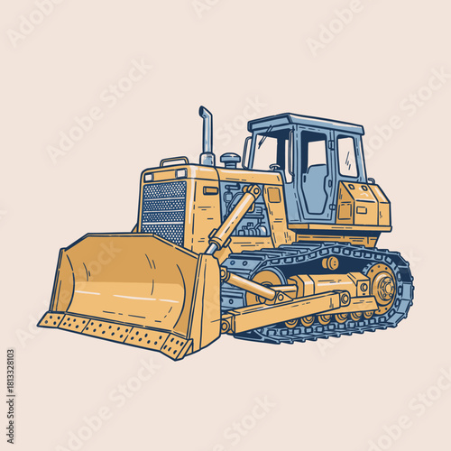 Retro Construction Bulldozer.Vintage Heavy Equipment Graphic.Classic Dozer Vector Art.Earthmover Machine Illustration.Industrial Tractor Emblem