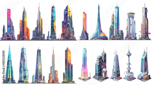 A vibrant collection of futuristic skyscraper illustrations featuring tall modern buildings with colorful lighting and imaginative city architecture in a creative urban style.