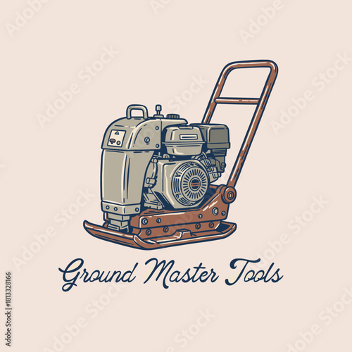 Vintage Plate Compactor Logo.Retro Wacker Plate Illustration.Construction Equipment Vector.Heavy Duty Compaction Tool.Ground Master Tools Emblem