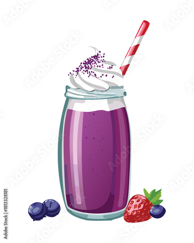 Indulgent Purple Milkshake Served in a Jar Topped with Whipped Cream and Fresh Strawberry Garnishes - Vector Illustration