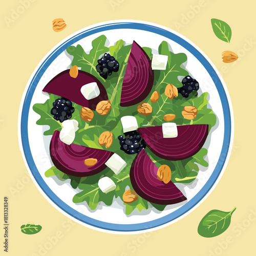 Fresh Beetroot and Spinach Salad with Feta Cheese and Toasted Nuts Healthy Mediterranean Lunch Recipe - Vector Illustration