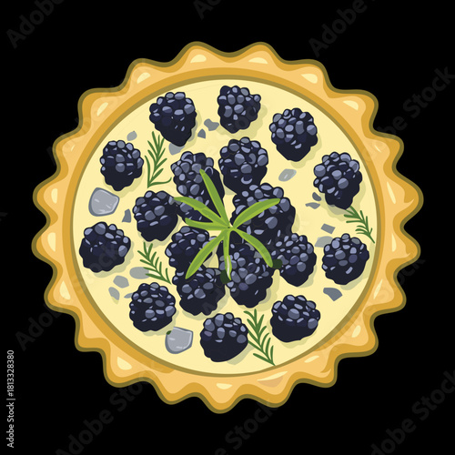 Overhead View of a Rich Blackberry Cream Tart with Golden Crust and Sprigs of Thyme on a Dark Kitchen Surface - Vector Illustration