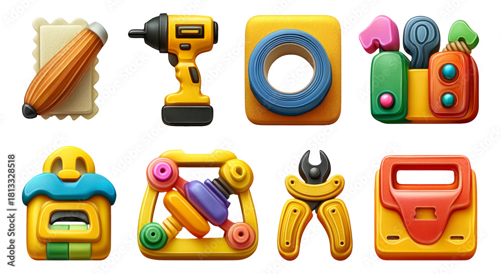 Fototapeta premium Colorful Toy Tools and Craft Supplies Icons on Transparent Background for Kids