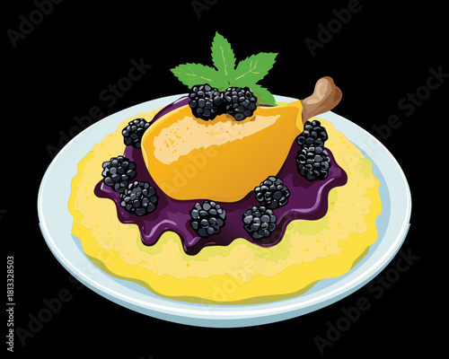 Roasted Duck Leg served over a Creamy Yellow Puree, topped generously with Blackberry Sauce and garnished with Mint Leaves for a High-End Dinner - Vector Illustration