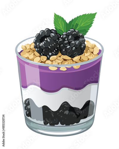 Healthy Layered Dessert with Purple Berry Compote and Crunchy Granola, served in a Clear Glass Tumbler for a Quick and Nutritious Snack - Vector Illustration