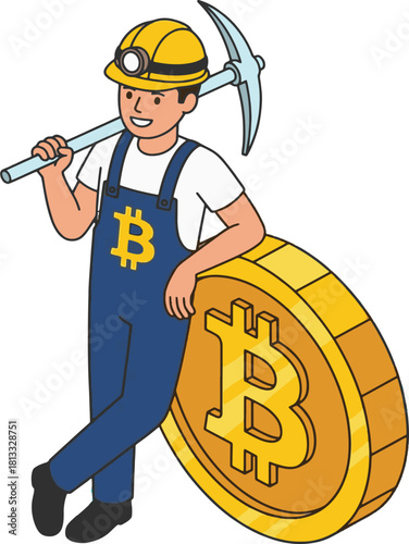 Bitcoin Miner with Pickaxe and Giant Crypto Coin