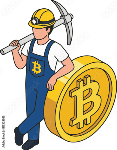 Bitcoin Miner with Pickaxe and Giant Crypto Coin