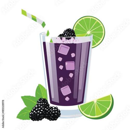 Vibrant Purple Cocktail or Mocktail with Blackberries, Ice, and a Slice of Lime, served in a Tumbler Glass with a Striped Straw - Vector Illustration
