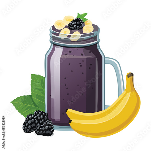 Sweet and Creamy Blackberry Banana Smoothie served in a Mason Jar, decorated with Fresh Mint Leaves for a Tropical Summer Drink - Vector Illustration