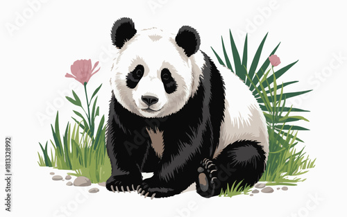Cute Panda Bear Clipart Sitting in Bamboo and GrassPrint