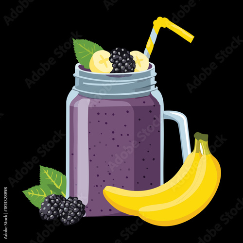 Fruity Blackberry Banana Smoothie in a Mason Jar with a Yellow Straw and Fresh Mint, ideal for a Quick and Nutritious Energy Boost - Vector Illustration