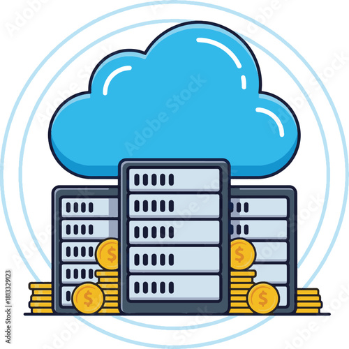 illustration featuring cloud computing technology with three data server racks placed beneath a large blue cloud icon